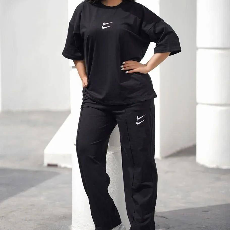 ست تیشرت شلوار بگ دبل نایک تک رنگ مشکی (پک 3 عددی)