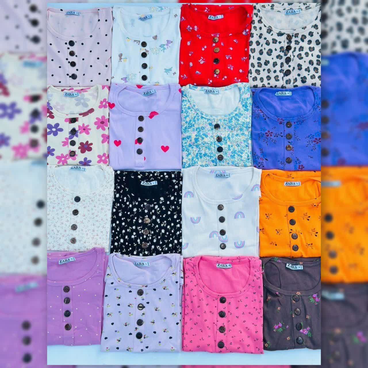 تیشرت یقه گرد ZARA دکمه چوبی عمده (پک 6 عددی)